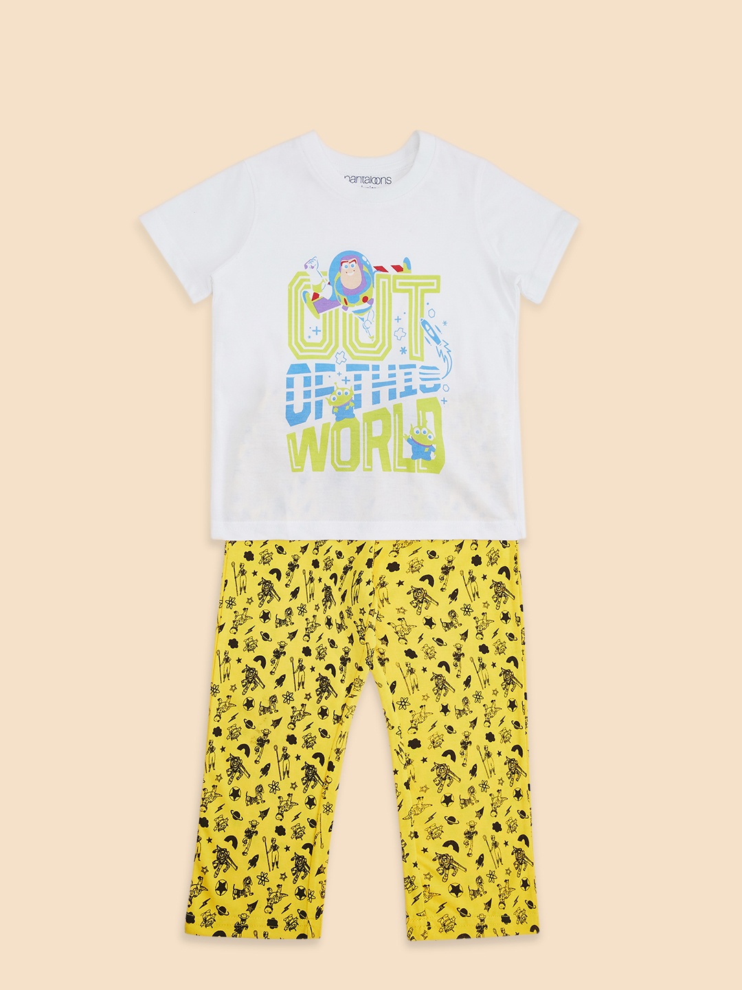 

Pantaloons Junior Boys White & Yellow Printed Pure Cotton T-shirt With Pyjamas