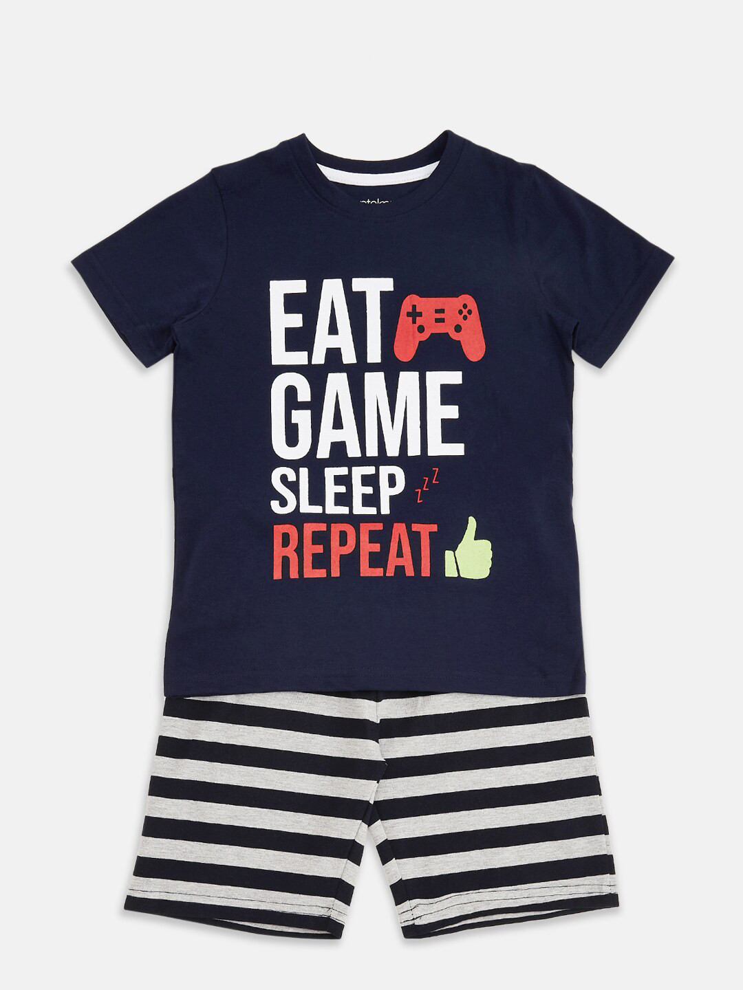 

Pantaloons Junior Boys Navy Blue & White Printed Pure Cotton T-shirt with Shorts