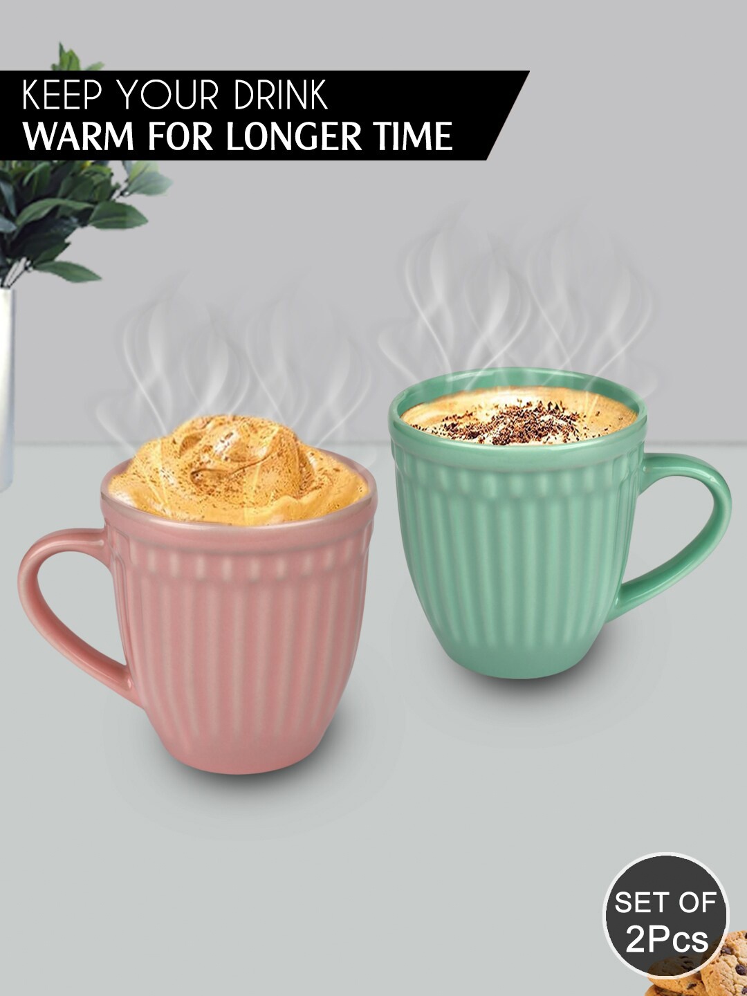 

URBAN CHEF Set Of 2 Peach-Coloured & Green Handcrafted Textured Ceramic Glossy Mugs