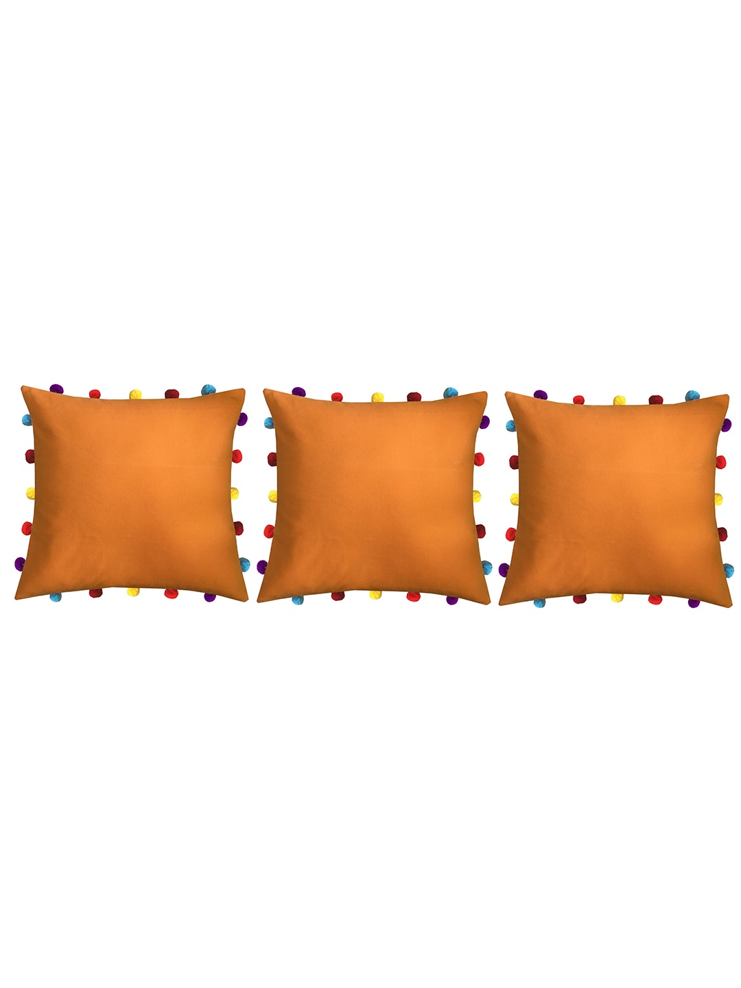 

Lushomes Orange & Blue 3 Pieces Solid Square Cushion Covers With Colorful pom poms