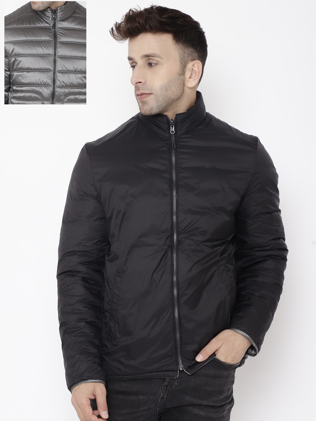 

LURE URBAN Men Silver-Toned Camouflage Striped Puffer Jacket