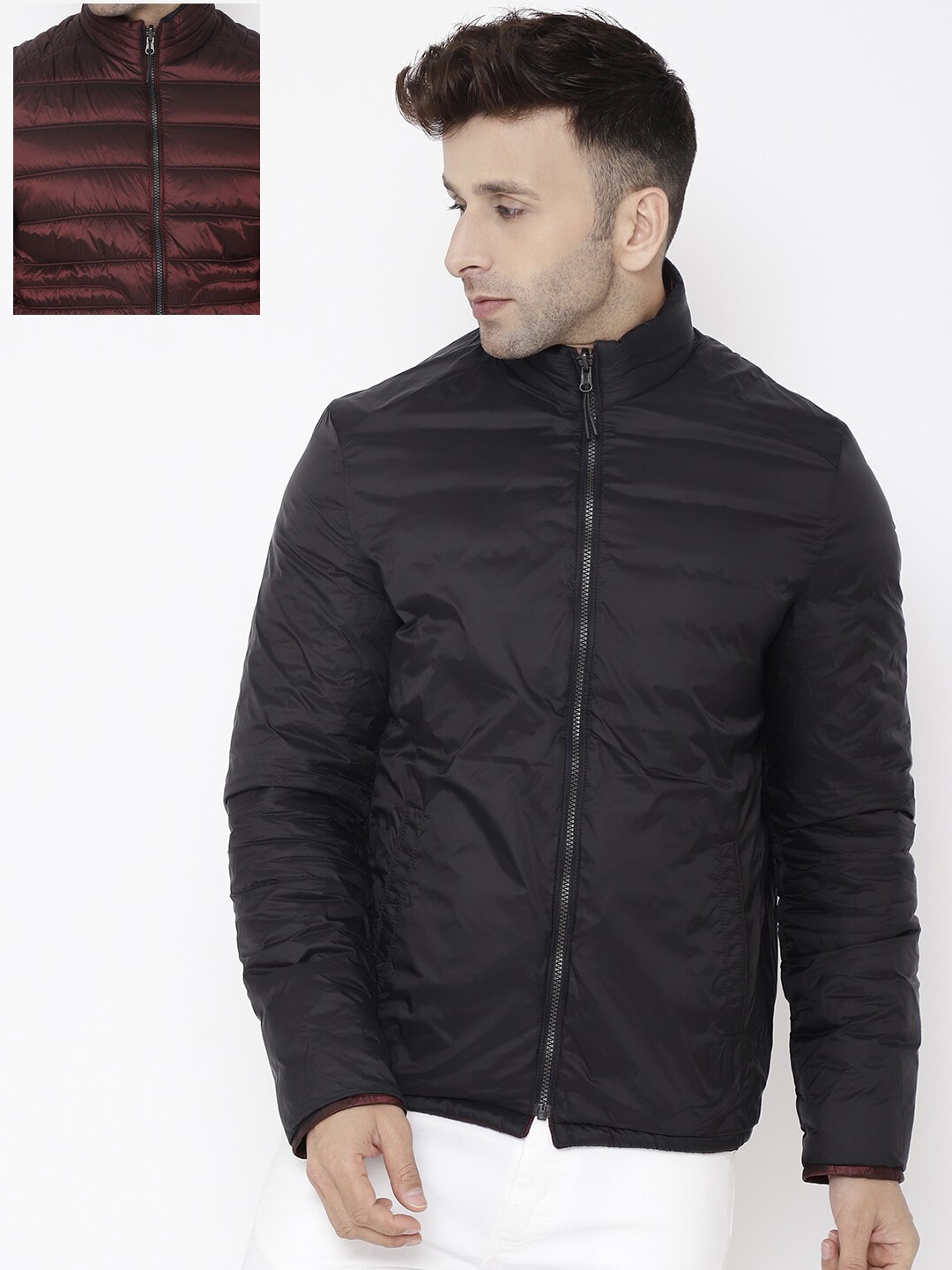 

LURE URBAN Men Maroon & Black Solid Reversible Padded Jacket