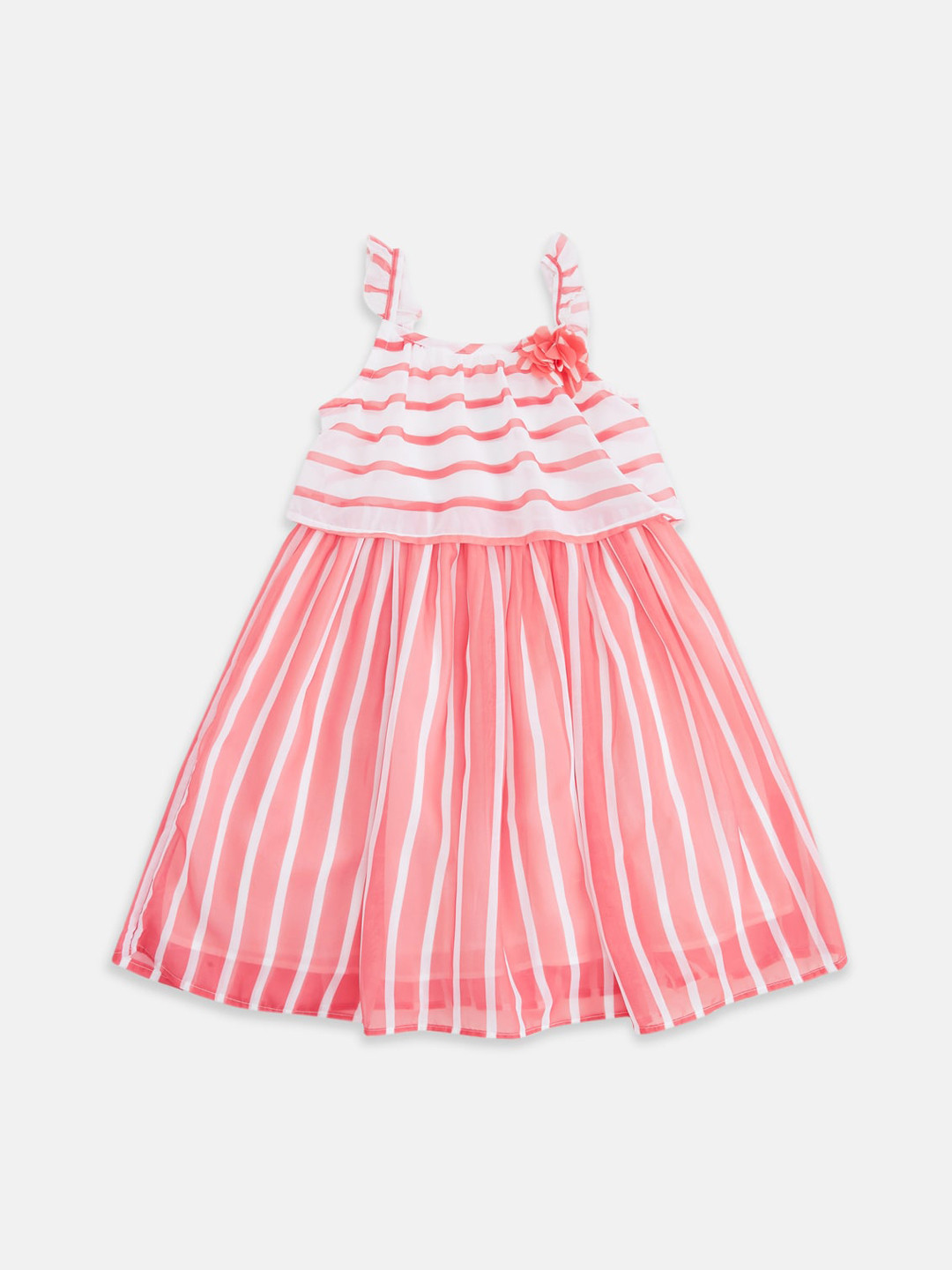 

Pantaloons Junior Girls Coral Pink & White Striped Layered Georgette A-Line Dress