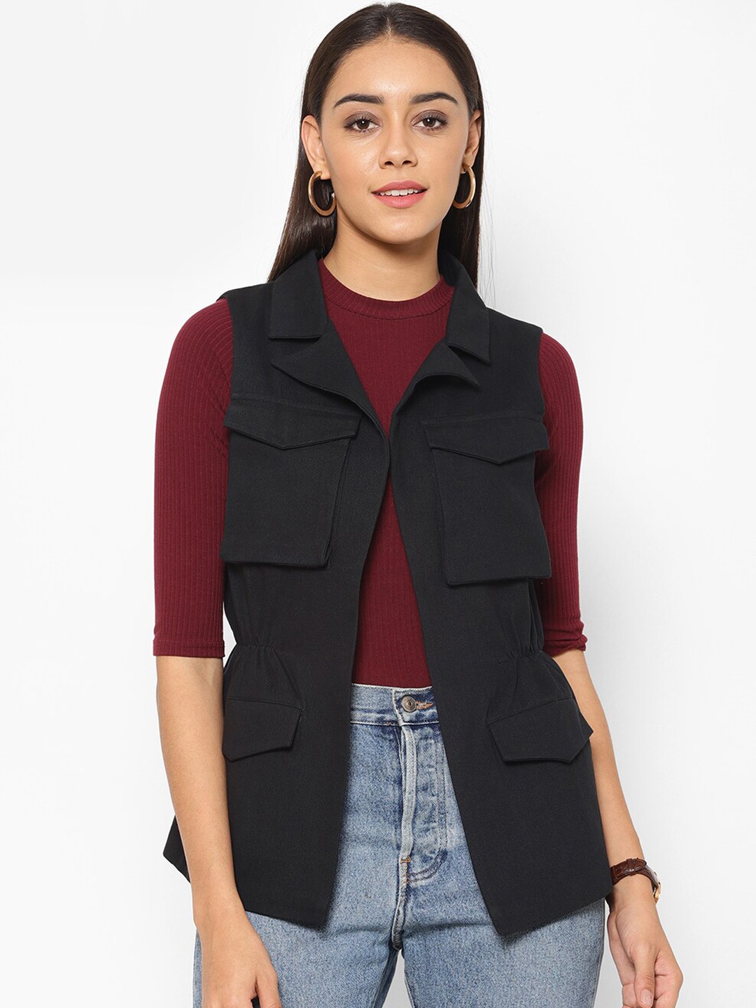 

HOUSE OF KKARMA Women Blue Colourblocked Longline Denim Jacket with Patchwork