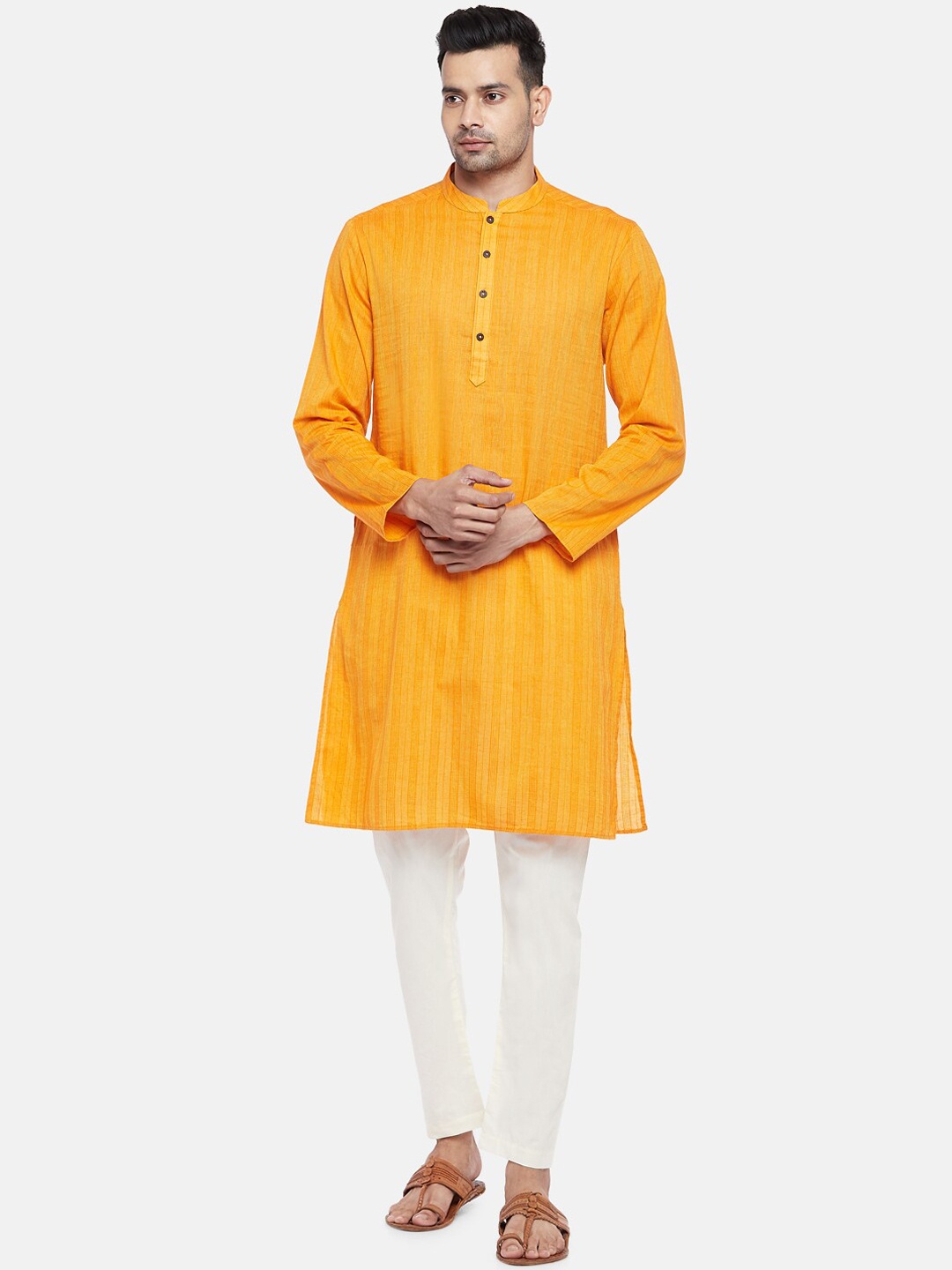 

indus route by Pantaloons Men Mustard Yellow Striped Thread Work Dobby Kurta