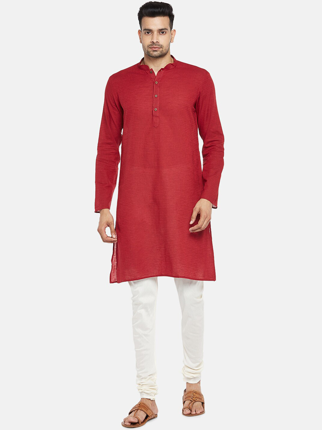 

indus route by Pantaloons Men Maroon Thread Work Dobby Kurta