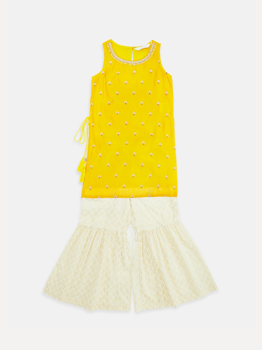 

AKKRITI BY PANTALOONS Girls Yellow Ethnic Motifs Embroidered Regular Thread Work Kurti with Sharara