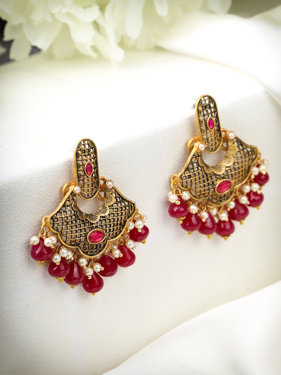 

Priyaasi Magenta Antique Gold-Plated Contemporary Embellished Drop Earrings