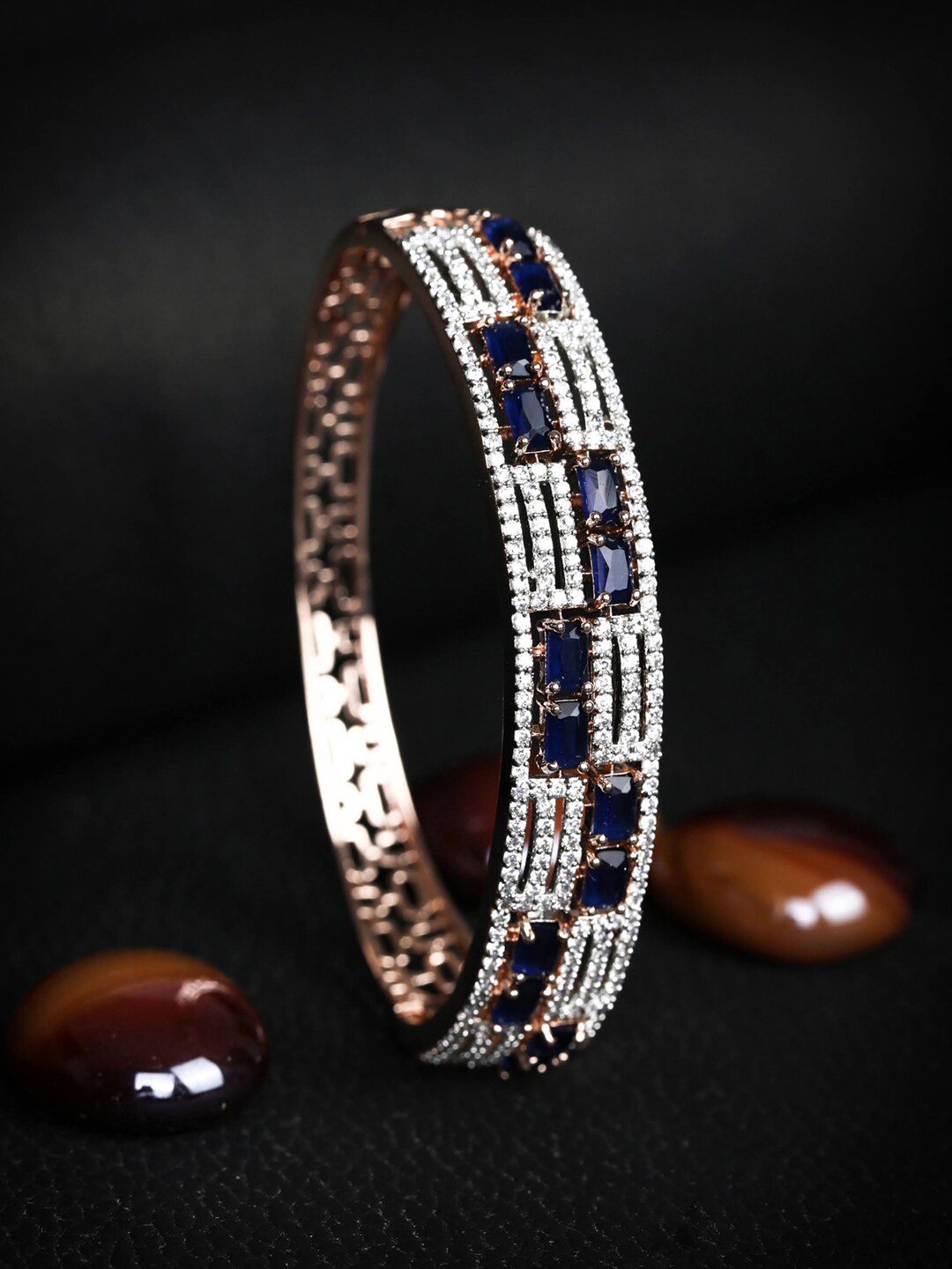 

Priyaasi Women Rose Gold & Blue Brass American Diamond Rose Gold-Plated Bangle-Style Bracelet