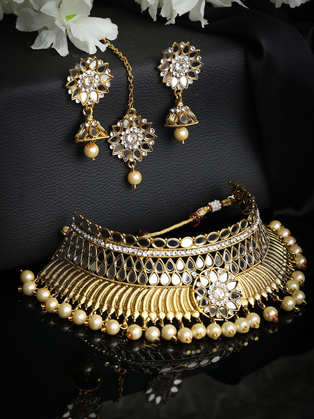 

Priyaasi Gold-Plated White & Cream-Coloured Stone-Studded & Pearl Beaded Handcrafted Jewellery Set