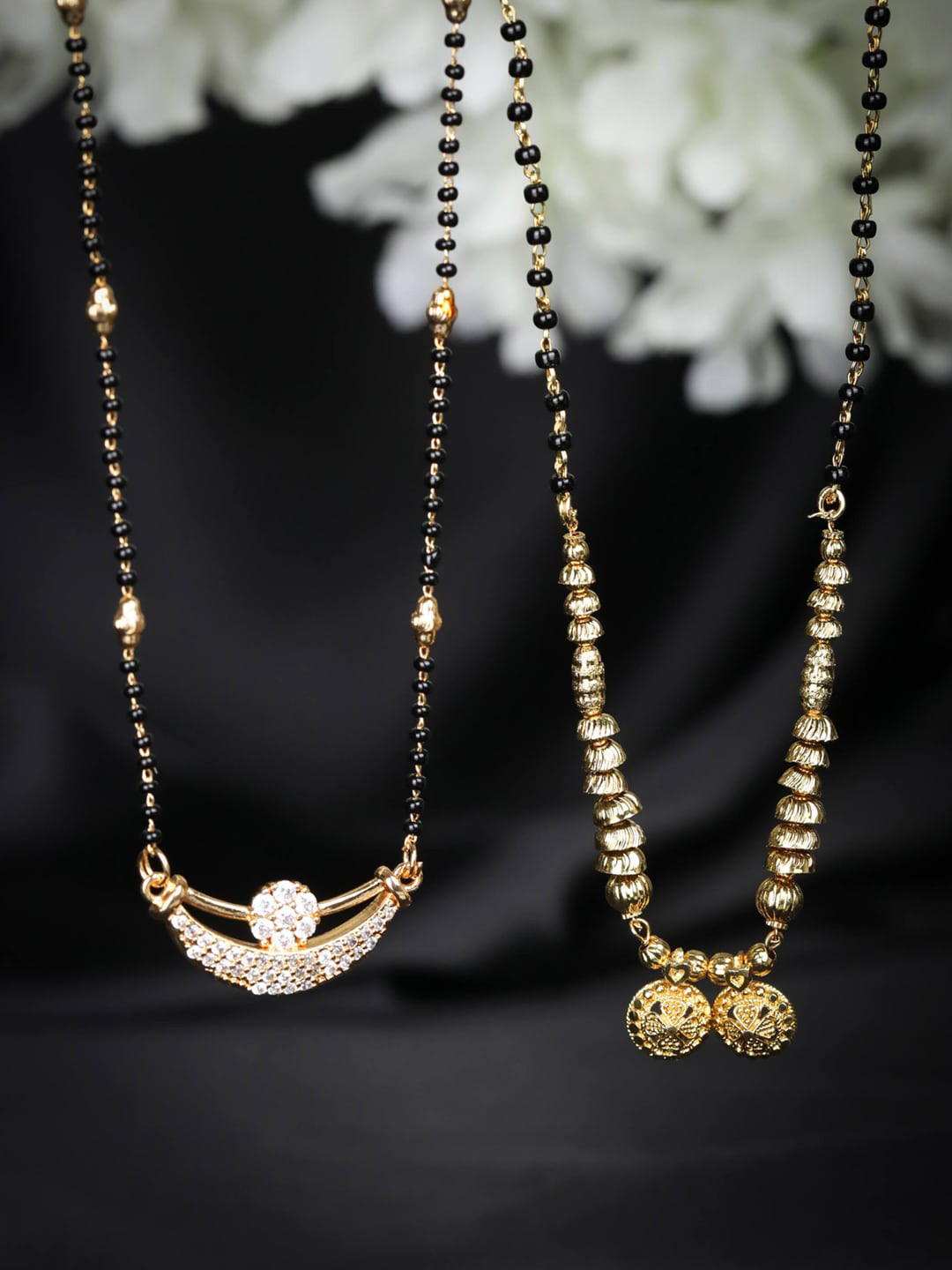 

Priyaasi Set Of 2 Gold-Plated Black & White AD-Studded & Beaded Mangalsutra, Rose gold