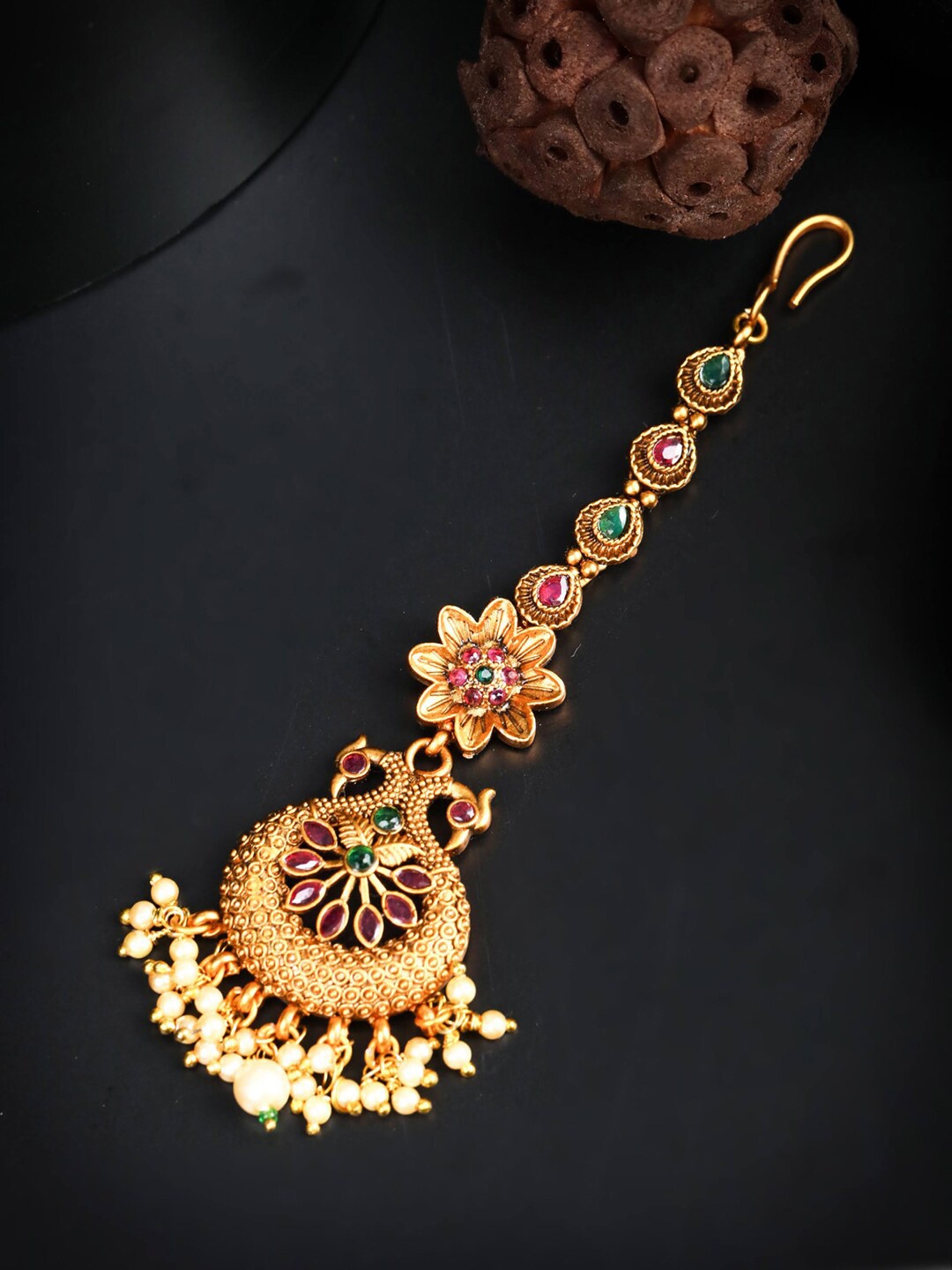 

Priyaasi Gold-Plated & Pink Pearl Peacock Maang Tikka