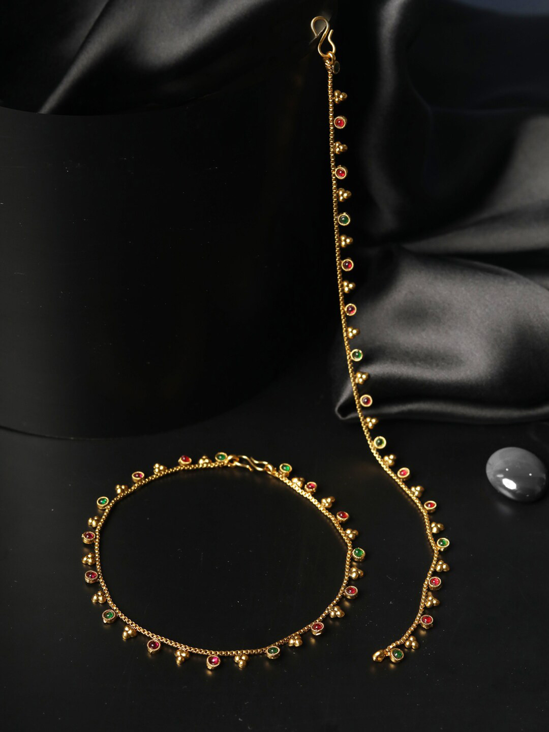 

Priyaasi Set Of 2 Gold-Plated Red & Green Stone-Studded Anklets