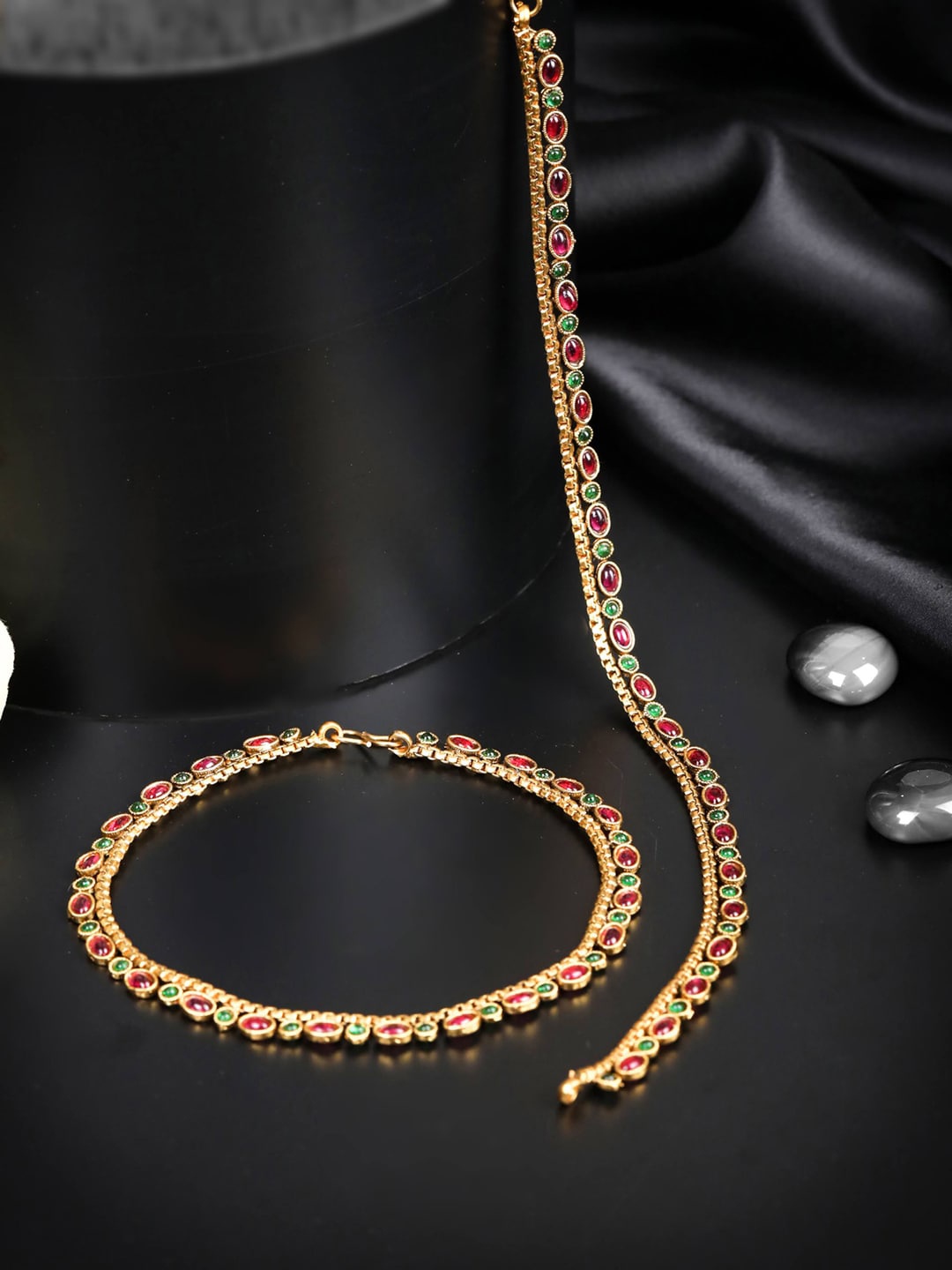 

Priyaasi Set Of 2 Gold-Plated Red & Green Stone-Studded Handcrafted Anklets