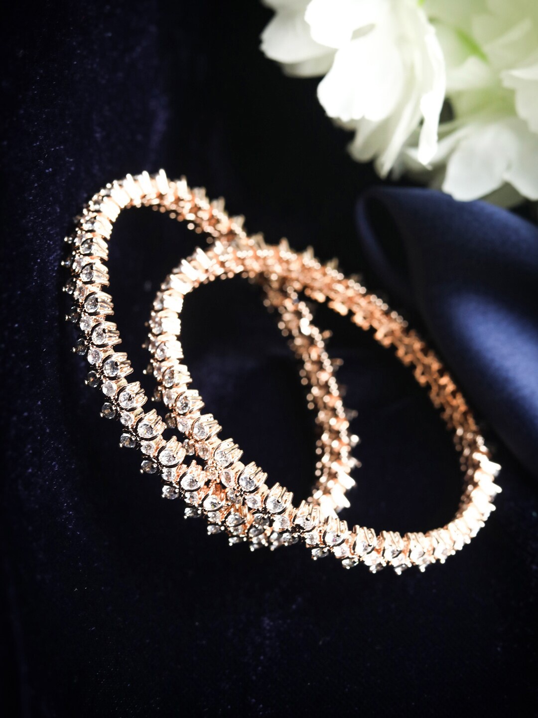 

Priyaasi Set Of 2 Rose Gold-Plated White American Diamond AD-Studded Handcrafted Bangles