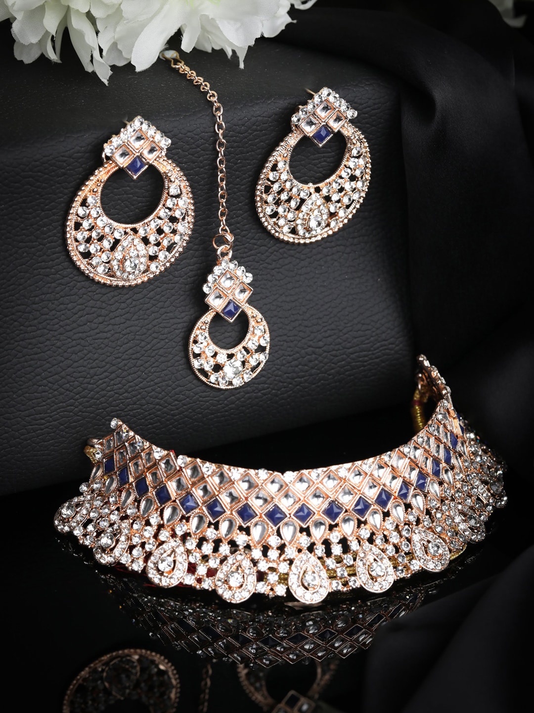 

Priyaasi Rose Gold-Plated Blue & White Kundan Studded Handcrafted Jewellery Set