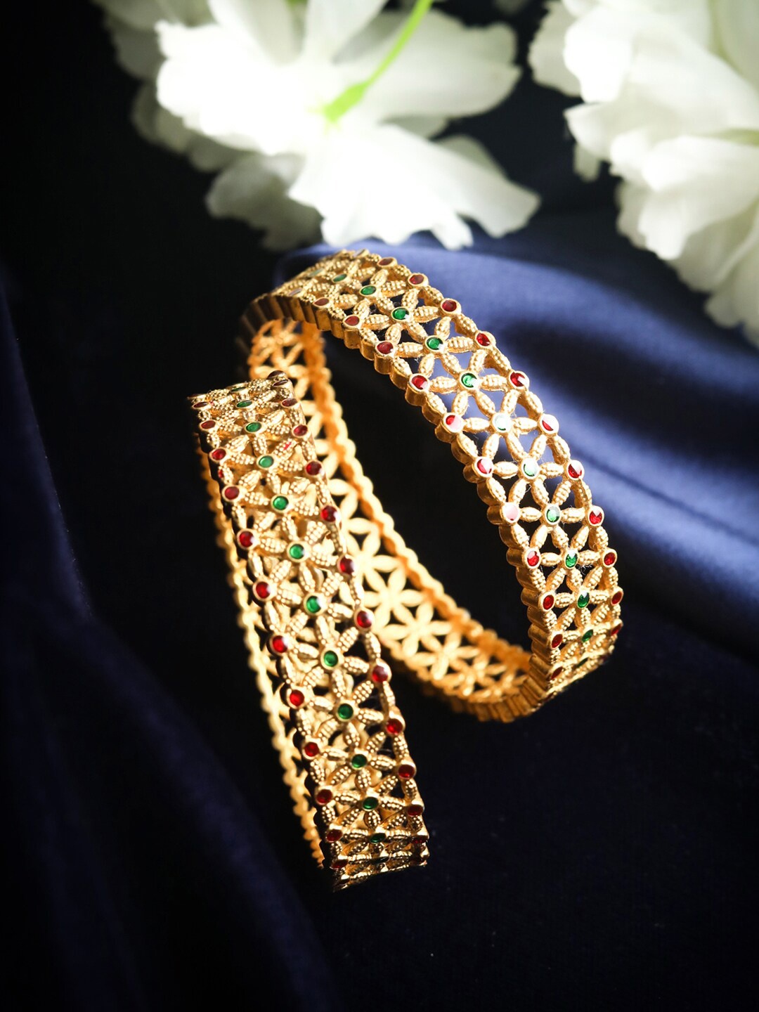 

Priyaasi Set Of 2 Gold-Plated Red & Green Stone-Studded Meenakari Bangles, Rose gold