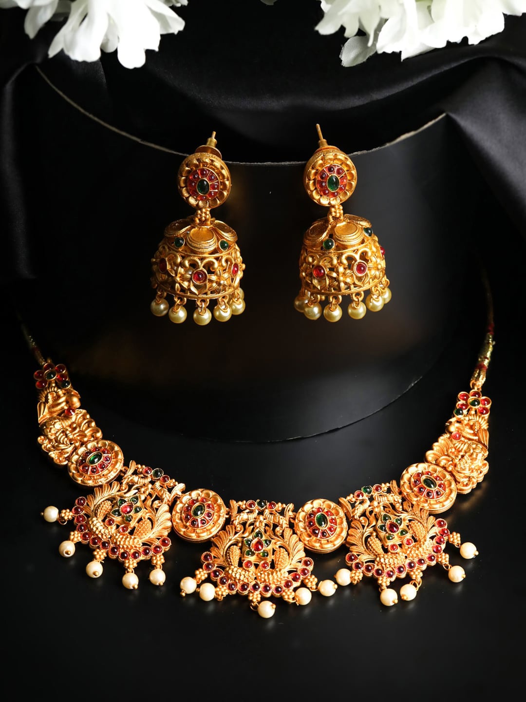 

Priyaasi Gold-Plated Green & Red Ruby Kemp Stone-Studded & Beaded Handcrafted Jewellery Set
