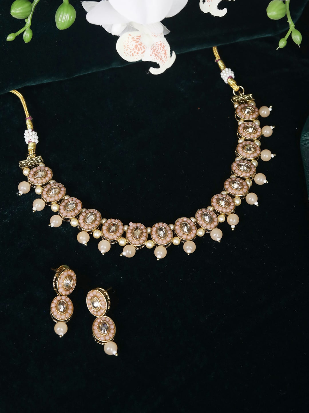 

Priyaasi White & Pink Gold-Plated Stone-Studded & Pearl Beaded Handcrafted Jewellery Set