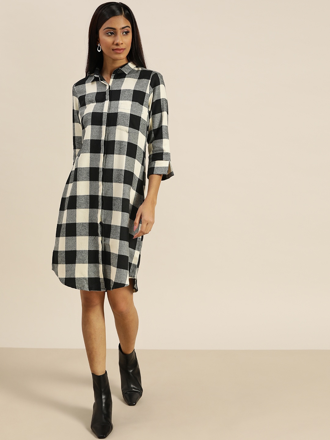 

Hancock Black & Grey Checked Cotton Formal Shirt Dress