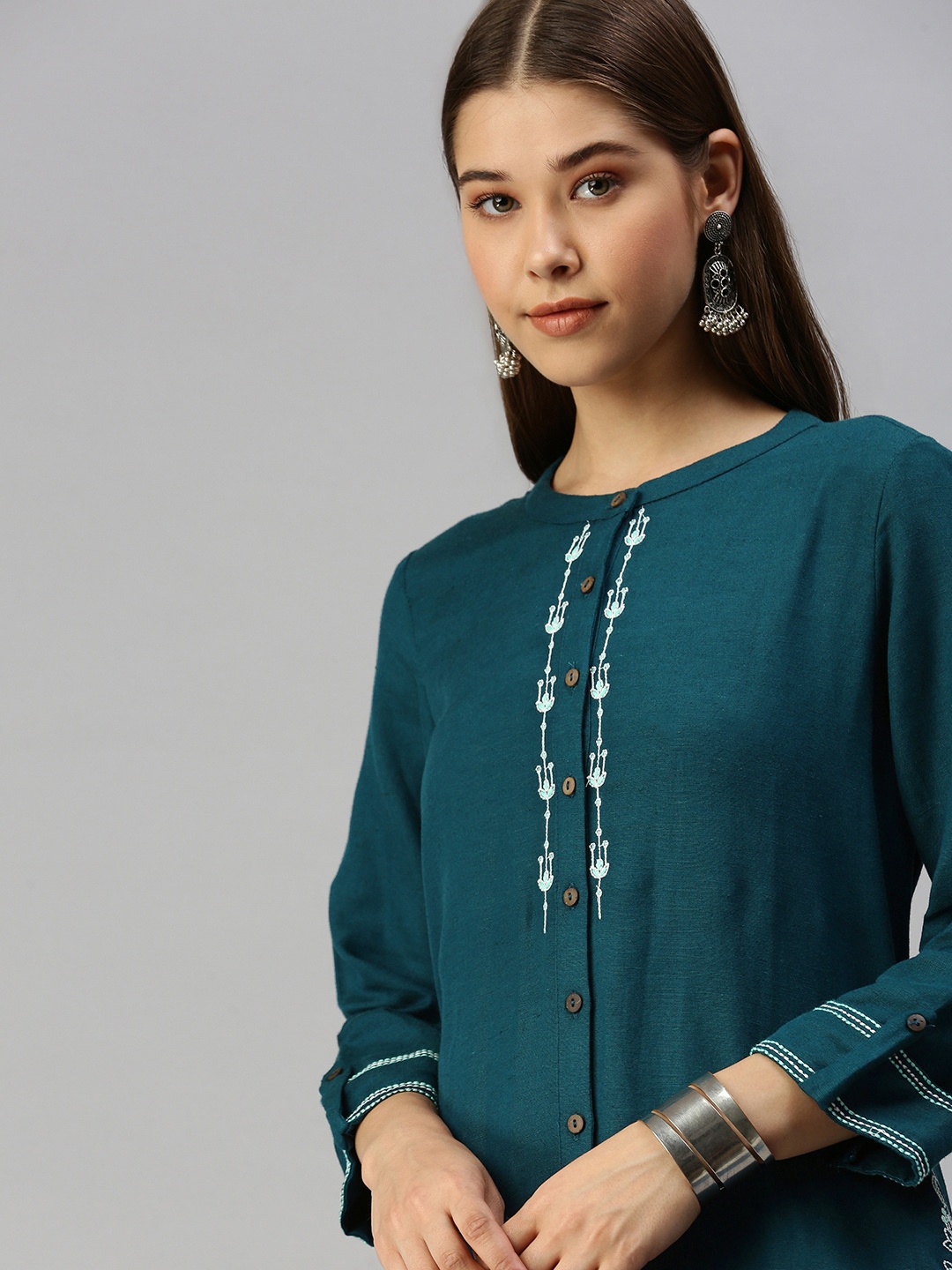 

Global Desi Women Teal Blue Solid Kurta