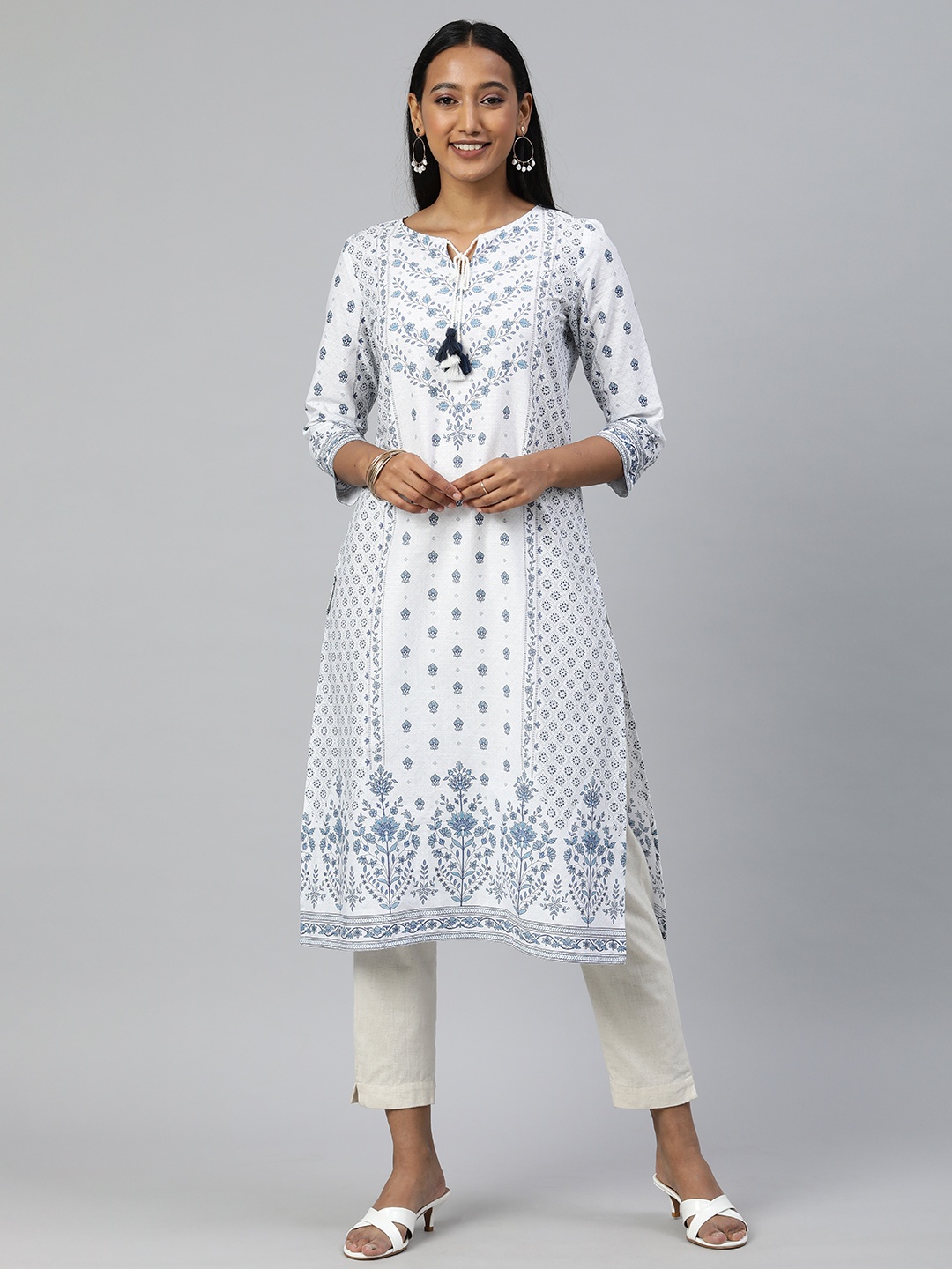 

Global Desi Women White & Blue Ethnic Motifs Printed Pure Cotton Indigo Kurta