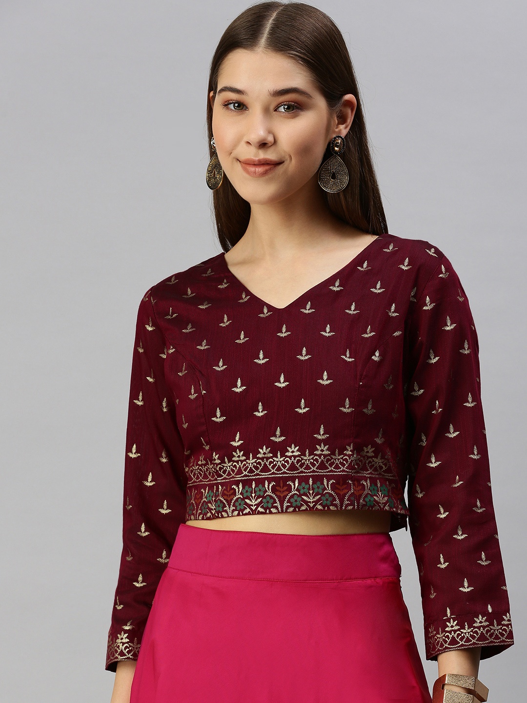 

Global Desi Women Maroon & Gold-Toned Printed Crop Top