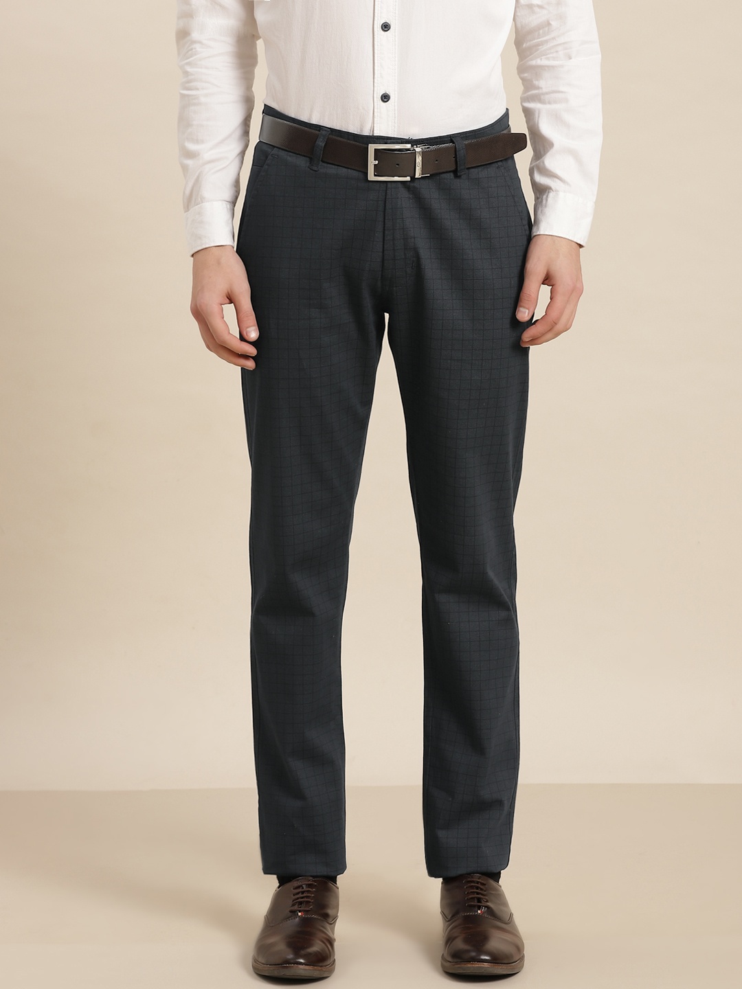 

Hancock Men Navy Blue Checked Slim Fit Trousers