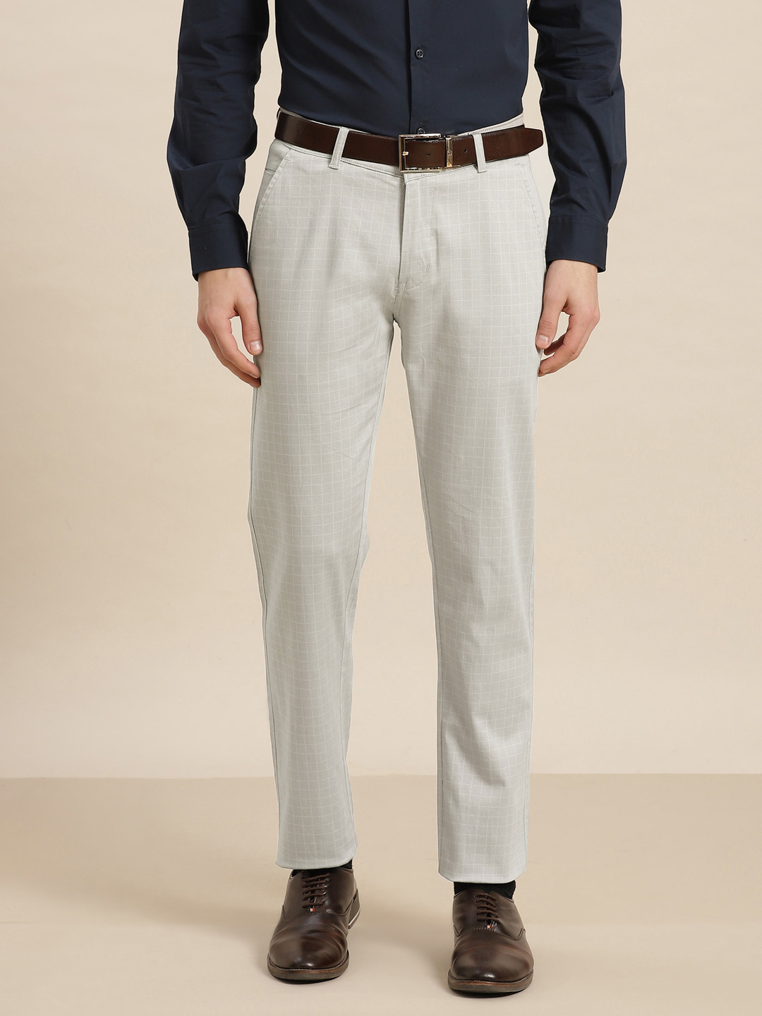 

Hancock Men Grey Checked Slim Fit Trousers