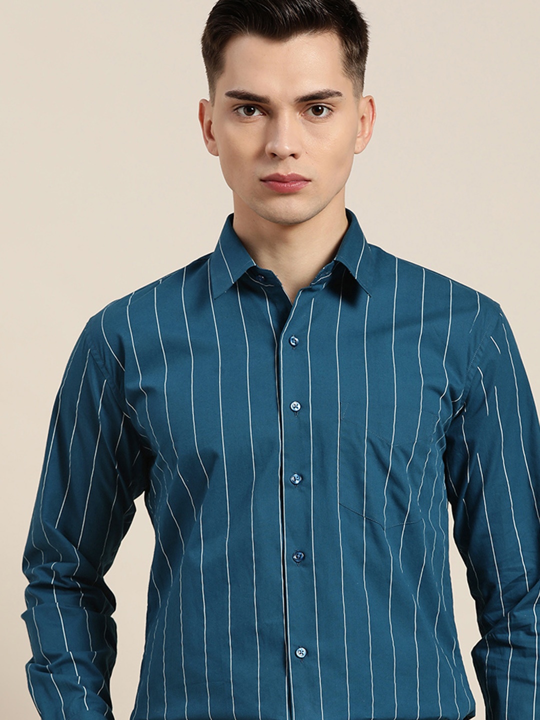 

Hancock Men Turquoise Blue Slim Fit Opaque Striped Formal Shirt