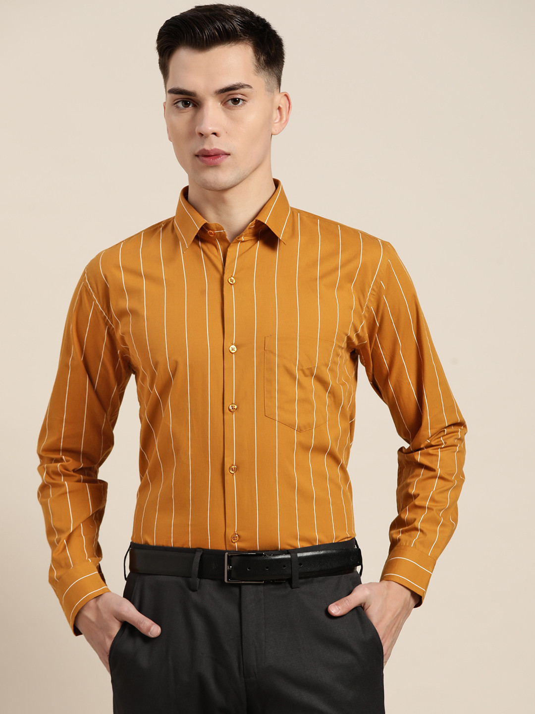 

Hancock Men Mustard Yellow Slim Fit Striped Formal Shirt