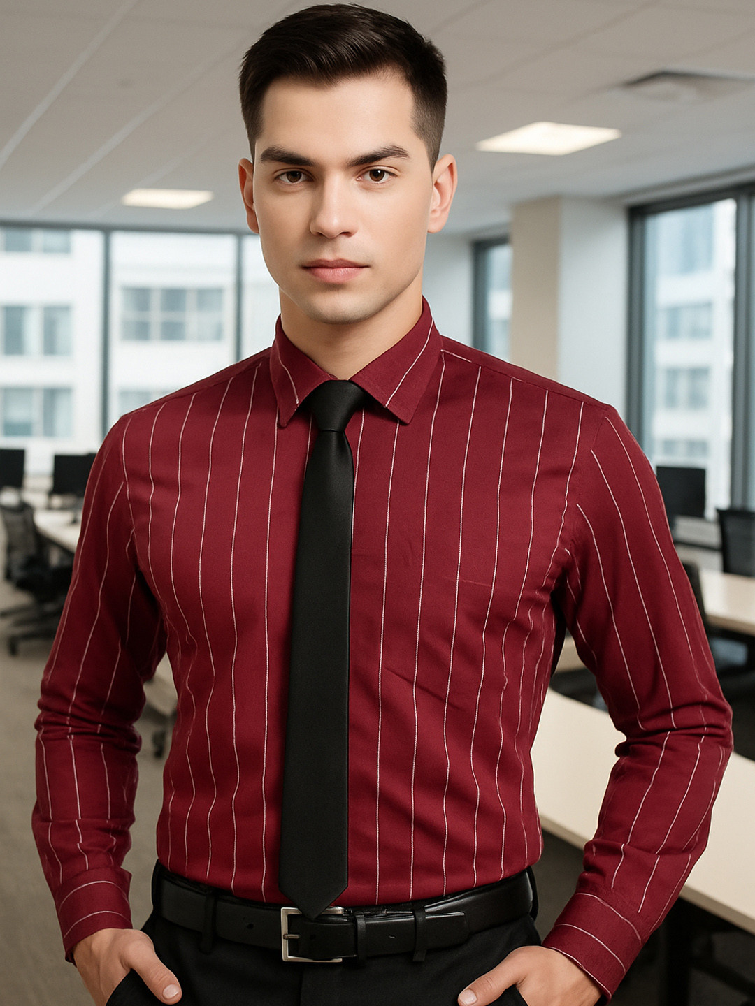 Hancock Men Maroon Slim Fit Striped Formal Shirt