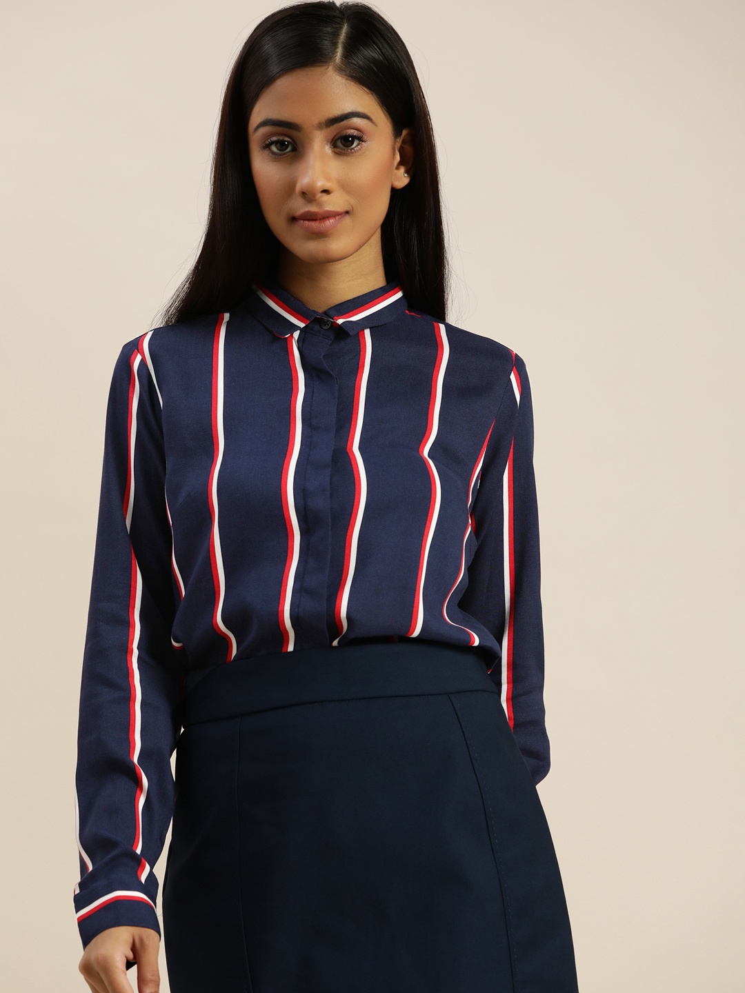 

Hancock Women Navy Blue Slim Fit Opaque Striped Formal Shirt