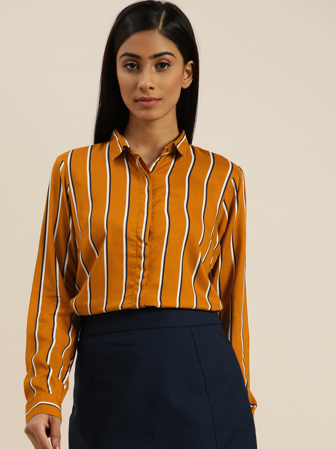 

Hancock Women Mustard Slim Fit Opaque Striped Formal Shirt