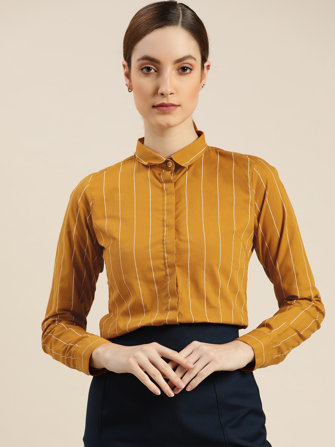 

Hancock Women Mustard Slim Fit Opaque Striped Pure Cotton Formal Shirt