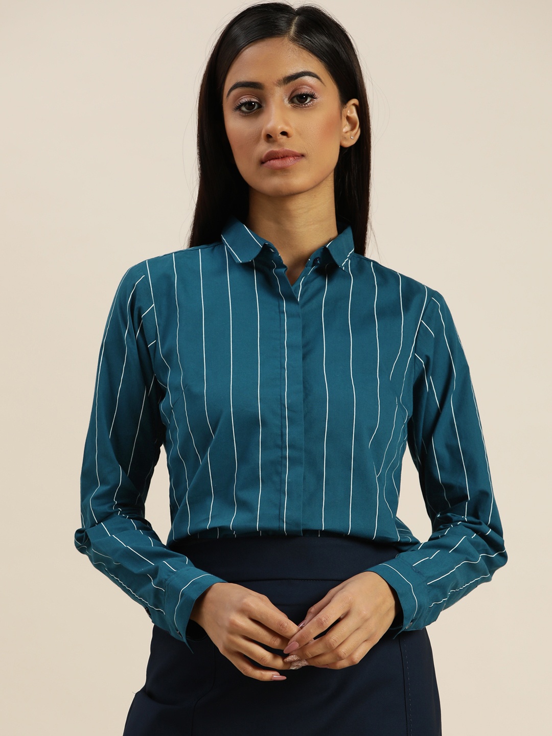 

Hancock Women Turquoise Blue Slim Fit Opaque Striped Pure Cotton Formal Shirt