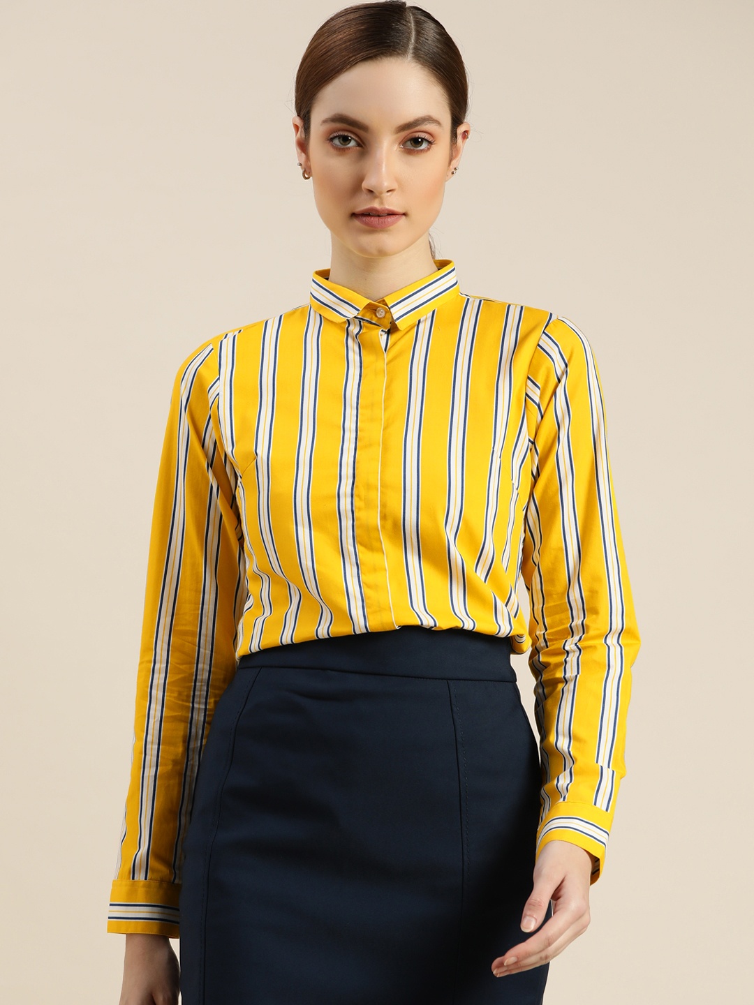 

Hancock Women Yellow Slim Fit Opaque Striped Pure Cotton Formal Shirt