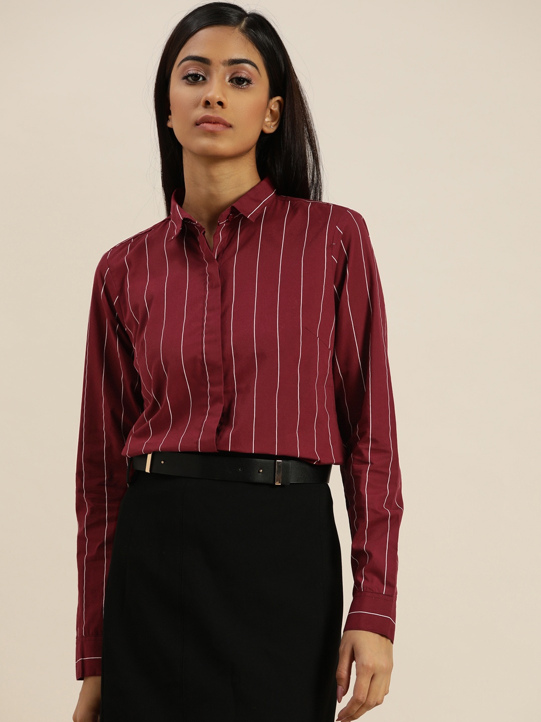 

Hancock Women Maroon Slim Fit Opaque Striped Formal Shirt