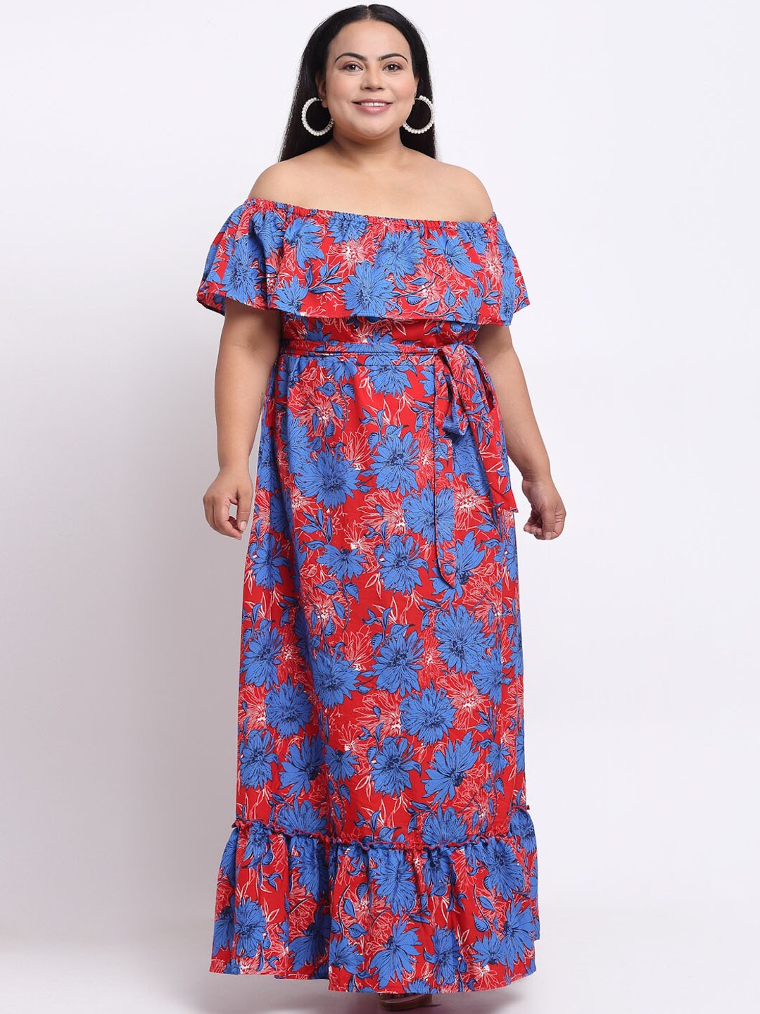 

sindrellastorie Red Floral Off-Shoulder Crepe A-Line Dress