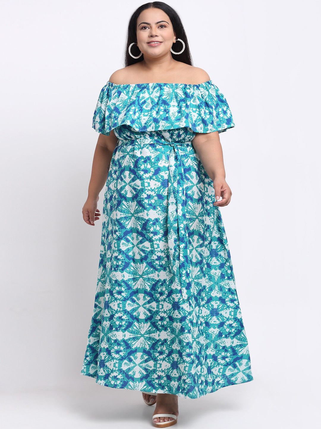 

sindrellastorie Sea Green Floral Off-Shoulder Crepe A-Line Dress