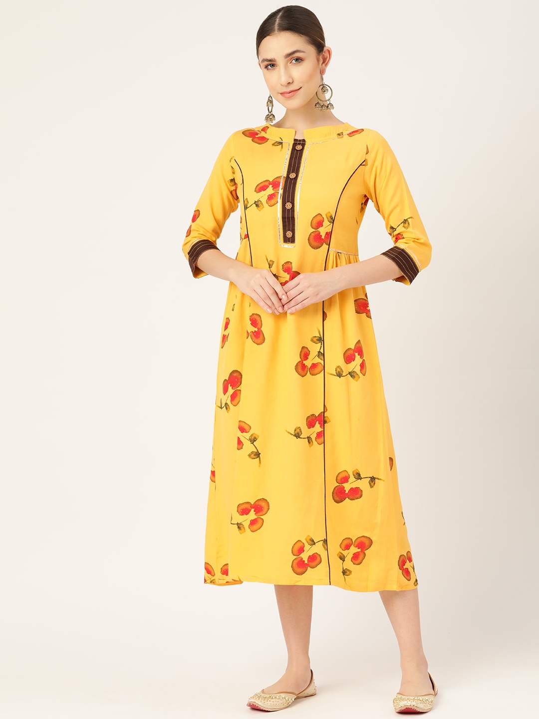 

VAABA Yellow Floral Ethnic A-Line Midi Dress