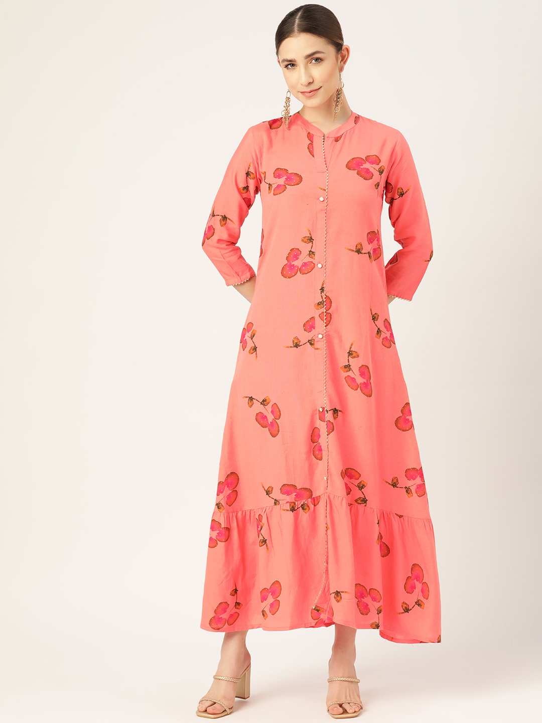 

VAABA Coral Pink Floral Ethnic Maxi Dress