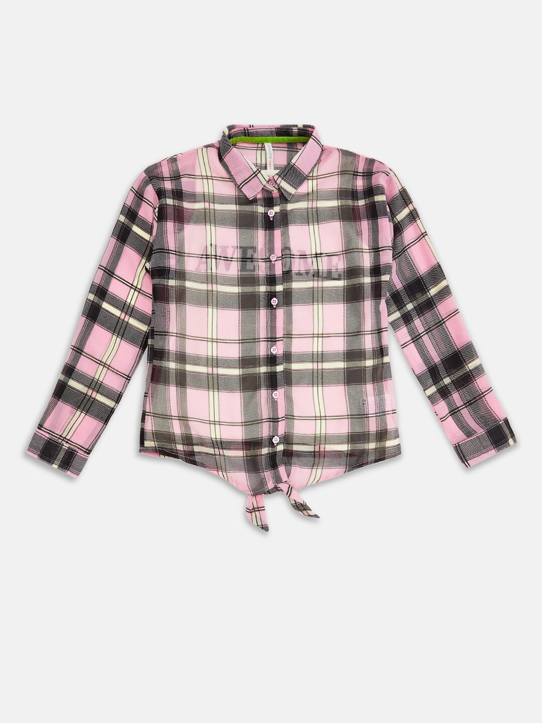 

Pantaloons Junior Pink Checked Pure Silk Georgette Shirt Style Top