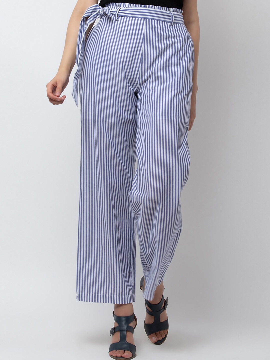 

DODO & MOA Women Blue Striped Parallel Trousers