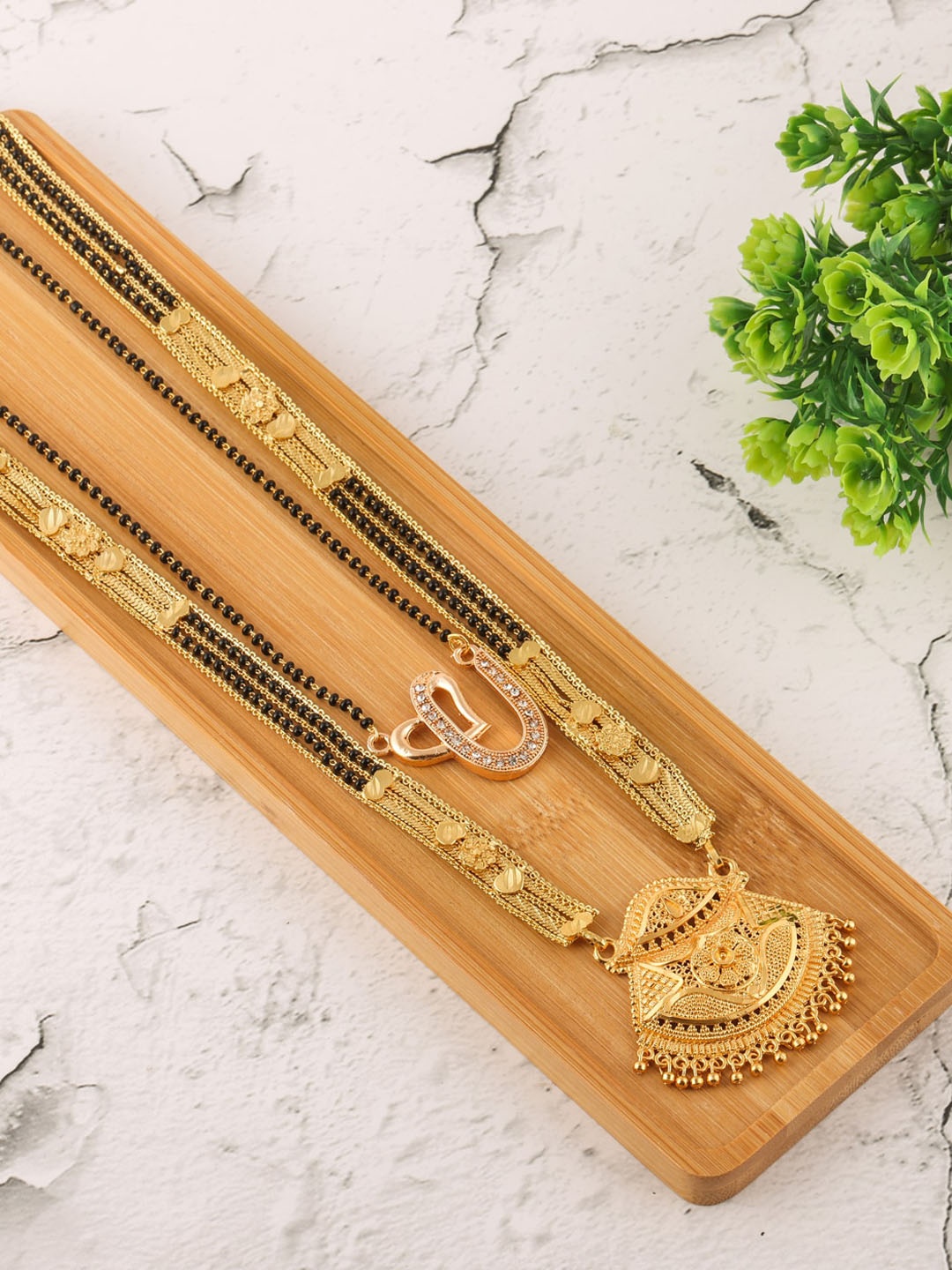 

Brandsoon Set Of 2 Gold-Plated Black Stone-Studded & Beaded Mangalsutra