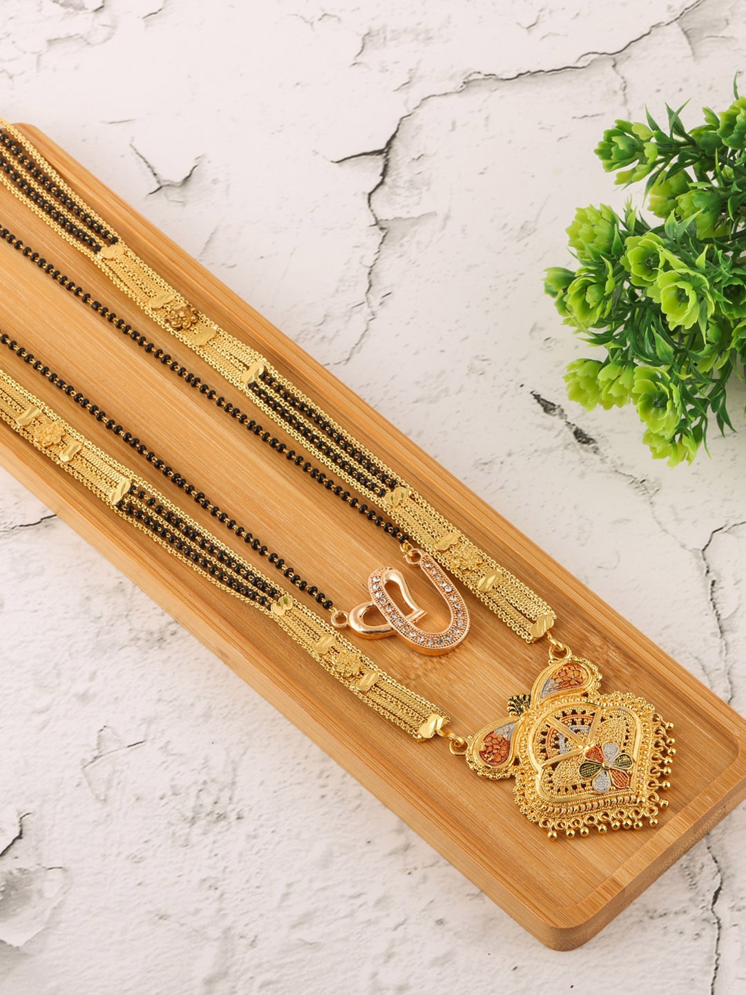 

Brandsoon Set Of 2 Gold-Plated Black Stone-Studded & Beaded Mangalsutra