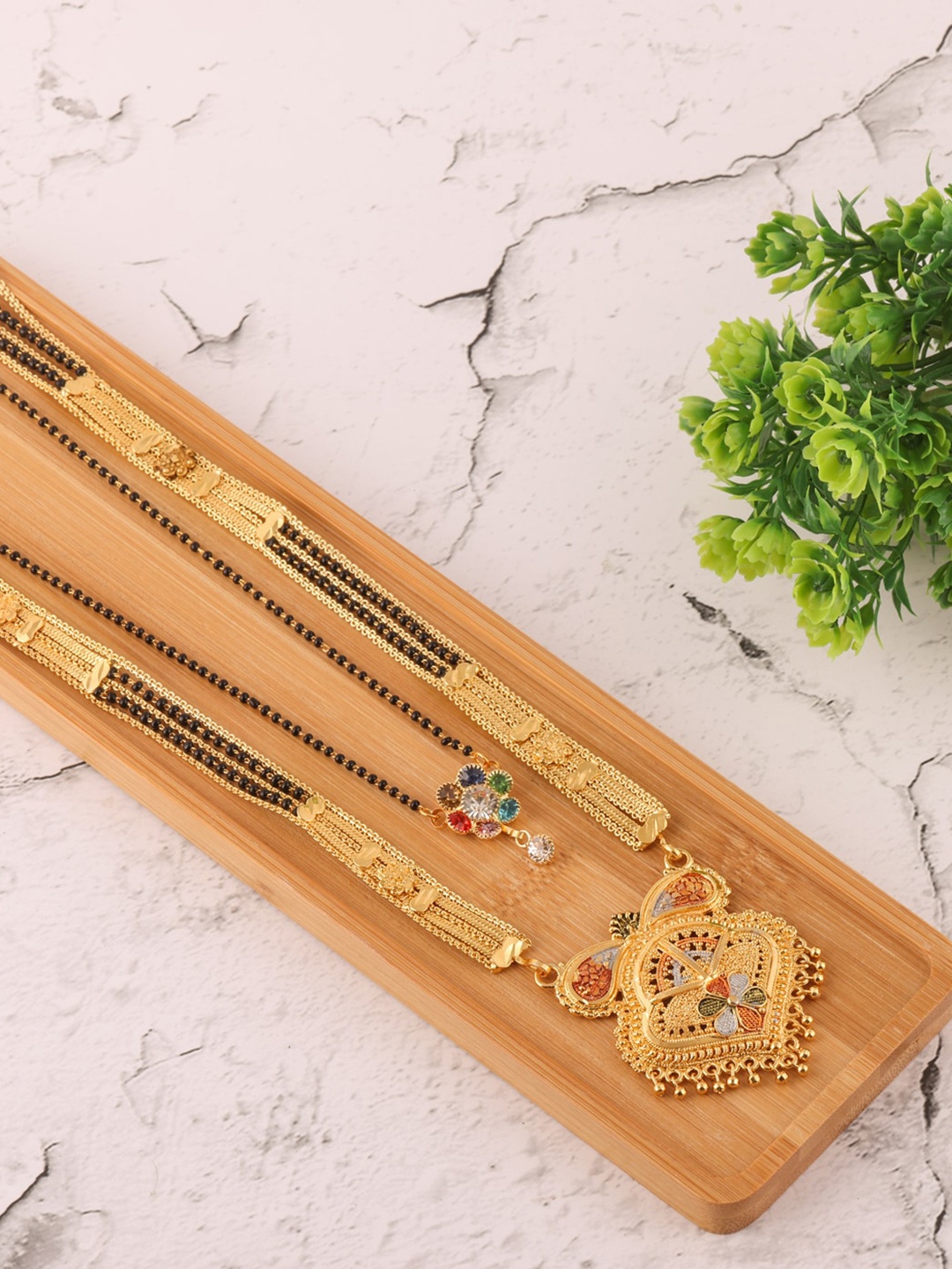 Brandsoon Set Of 2 Gold-Plated Black Beaded Mangalsutra
