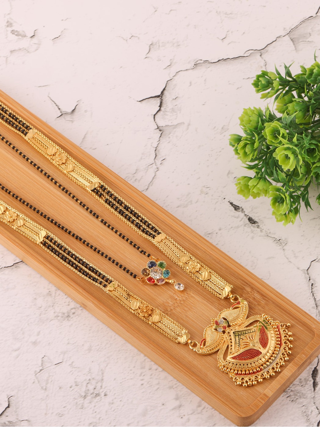 

Brandsoon Set Of 2 Gold-Plated Black Stone-Studded & Beaded Mangalsutra
