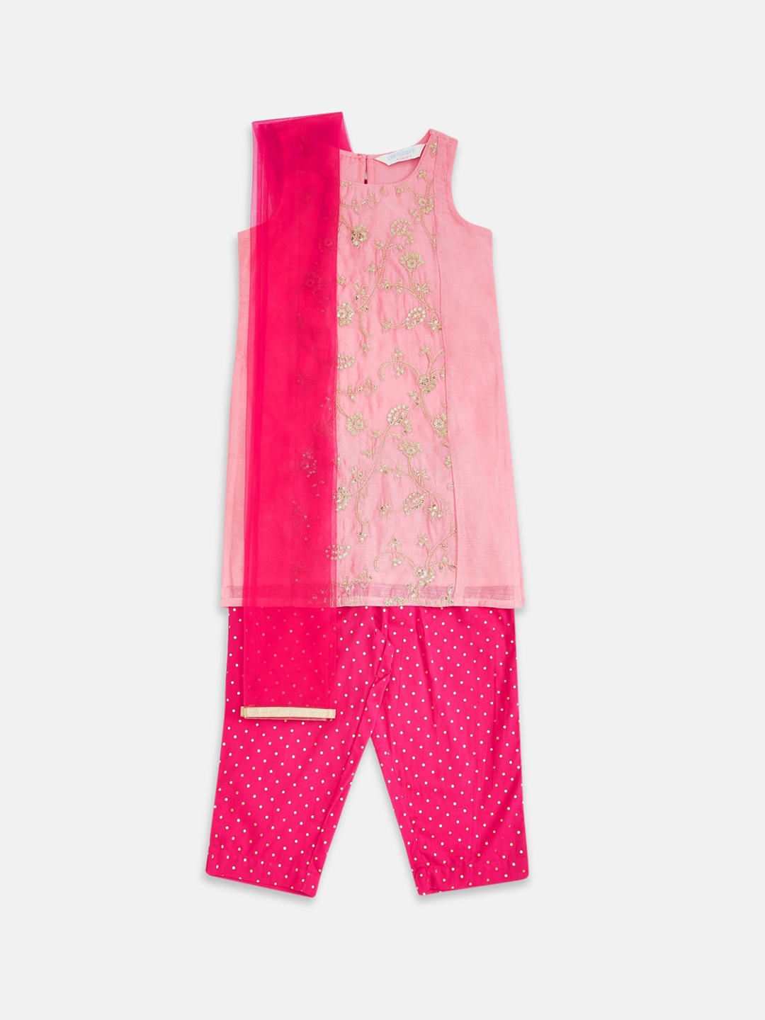 

AKKRITI BY PANTALOONS Girls Pink Floral Embroidered Kurti with Pyjamas & Dupatta