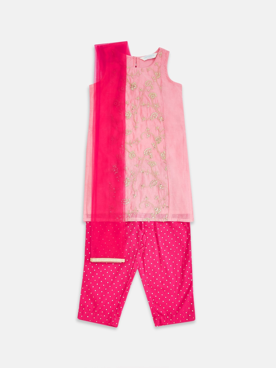 

AKKRITI BY PANTALOONS Girls Pink Floral Embroidered Panelled Kurti with Pyjamas & Dupatta